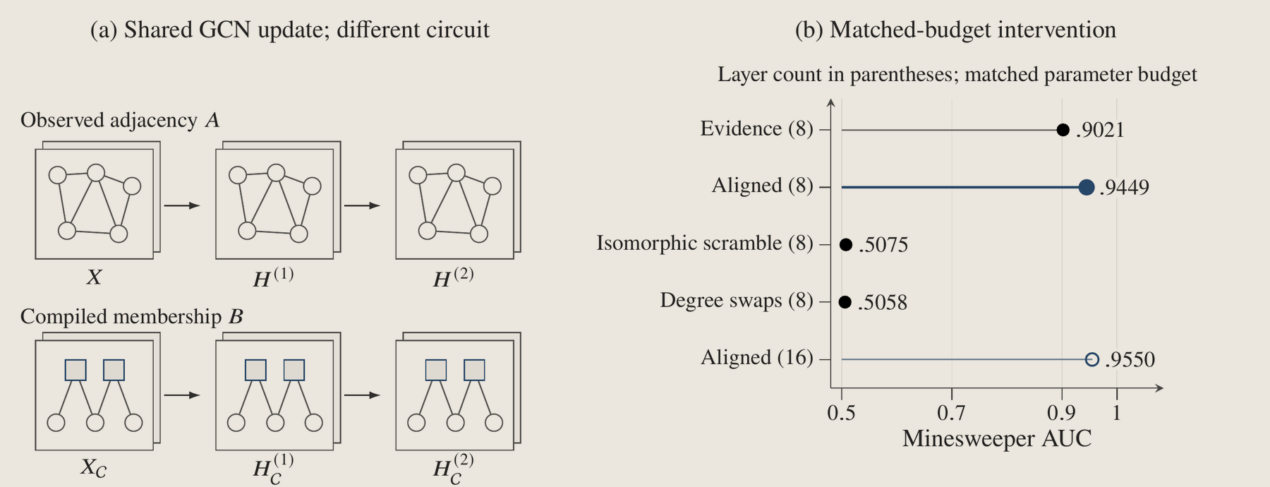 Left: the same GCN update family run over the observed adjacency or over compiled clue membership. Right: Minesweeper AUC at matched budget — evidence adjacency .9021, aligned circuit .9449, isomorphic scramble .5075, degree swaps .5058, and a sixteen-layer aligned reference at .9550.